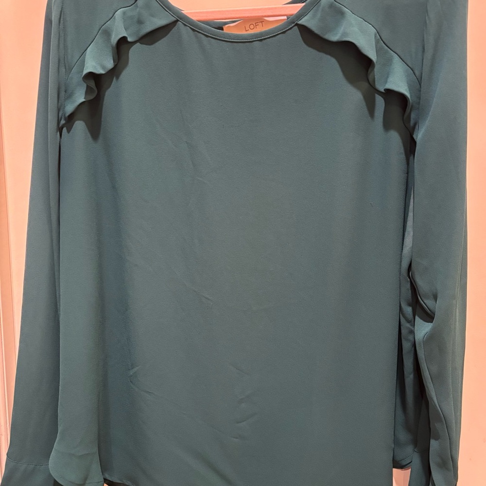 LOFT Green Ruffle Accent Blouse